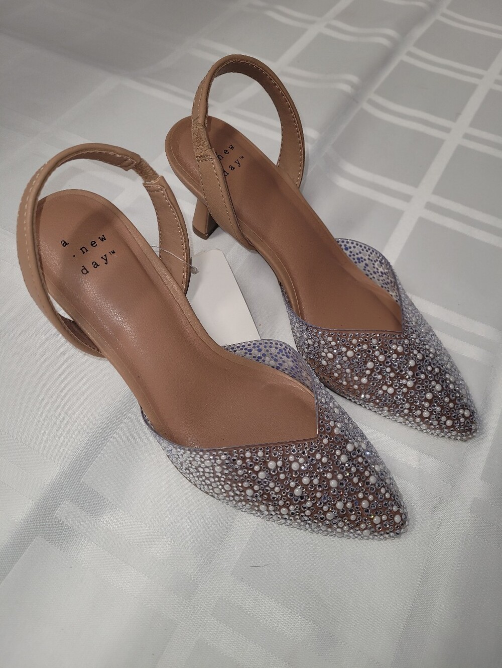 A New Day Tan Slingback Heels with Crystal-Studded Pointed Toe